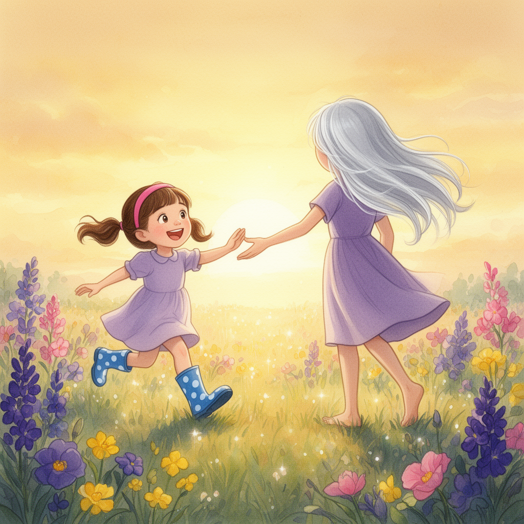 Betty and Lucy running through wildflowers