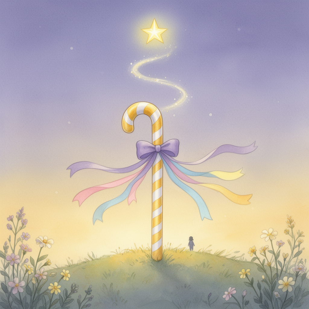 A wand stands on a hill under a star