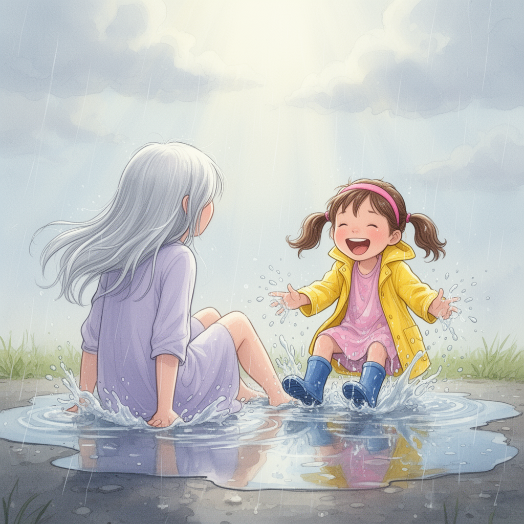 Betty and Lucy splash in the rain